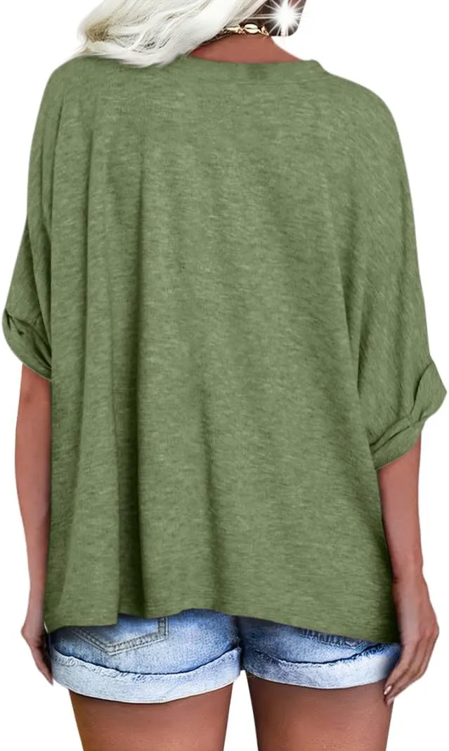 Langwyqu Women's Oversized T Shirts V Neck Short Sleeve Summer Casual Loose Tops Tees