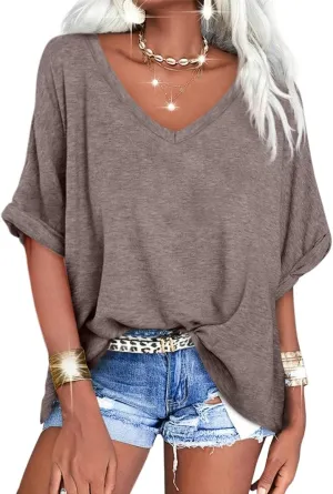 Langwyqu Women's Oversized T Shirts V Neck Short Sleeve Summer Casual Loose Tops Tees