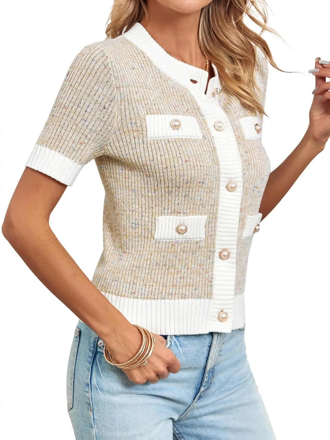 Langwyqu Womens Short Sleeve Button Down Cardigans Sweater Cropped Lightweight Crew Neck Elegant Tops