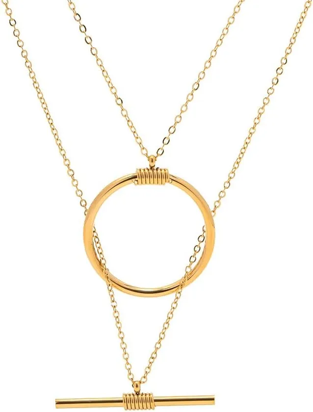 Layered Circle Bar Pendant Necklace, Dainty Minimalist Geometric Fashion Jewelry for Women, Double Chain Design, Gold Stainless Steel