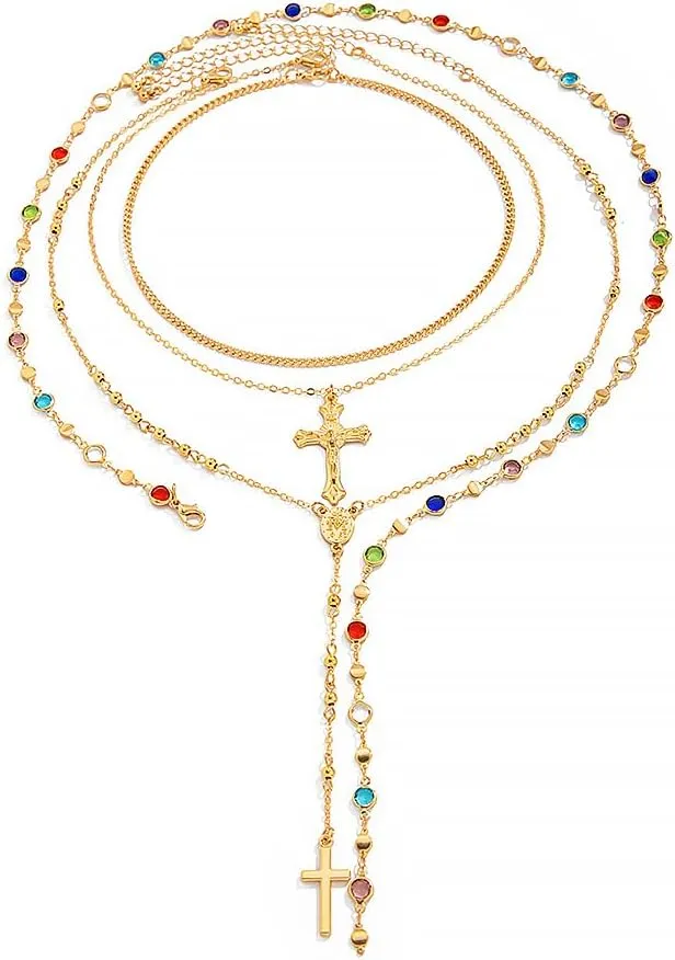 Layered Cross Lariat Necklace, 18K Gold Plated Long Pendant Chain for Women Dainty Stackable Jewelry Gift for Everyday Wear