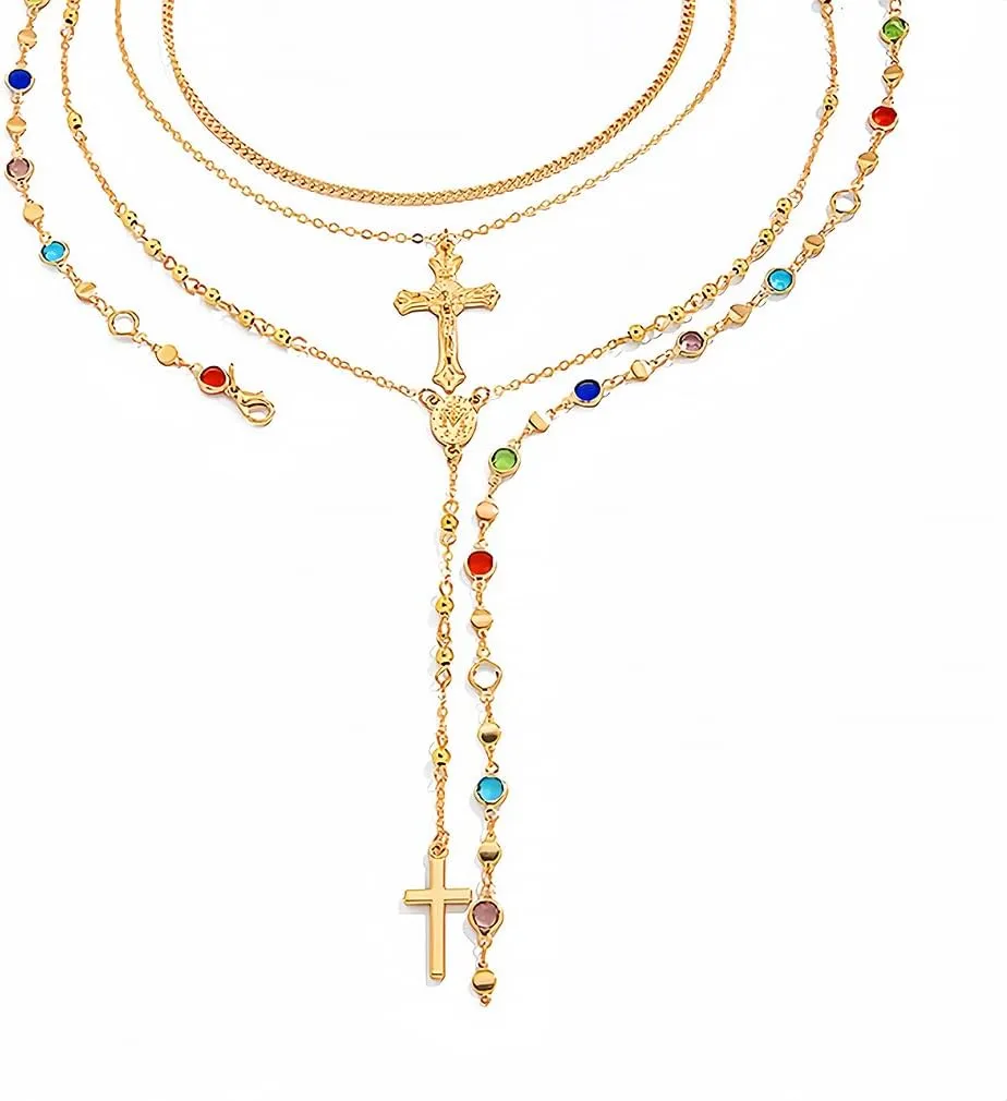Layered Cross Lariat Necklace, 18K Gold Plated Long Pendant Chain for Women Dainty Stackable Jewelry Gift for Everyday Wear