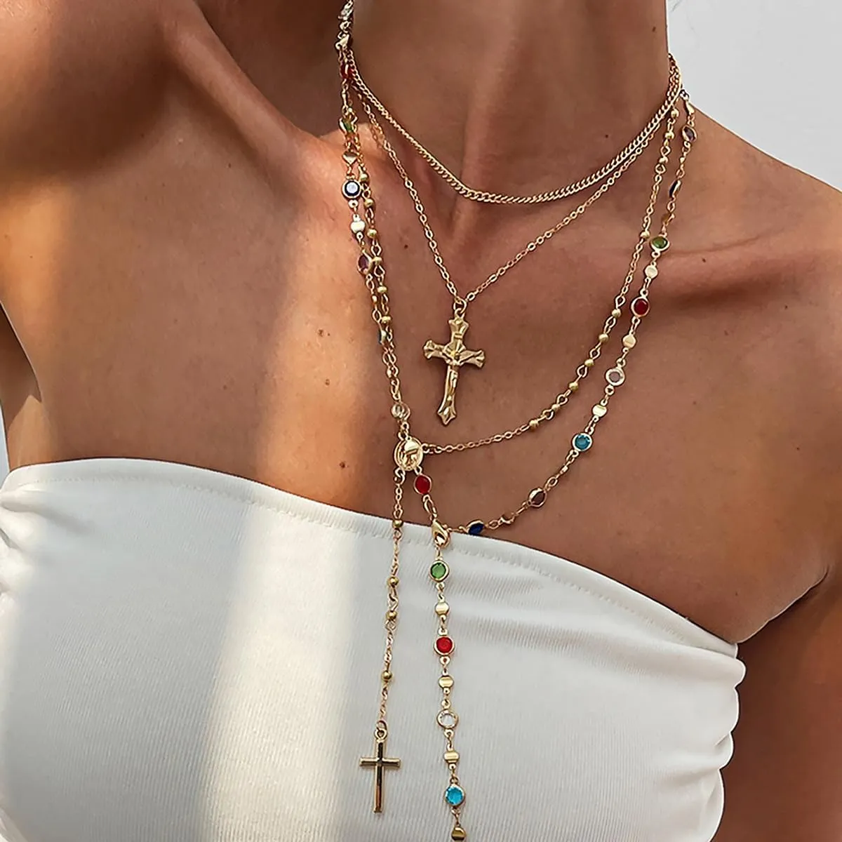 Layered Cross Lariat Necklace, 18K Gold Plated Long Pendant Chain for Women Dainty Stackable Jewelry Gift for Everyday Wear