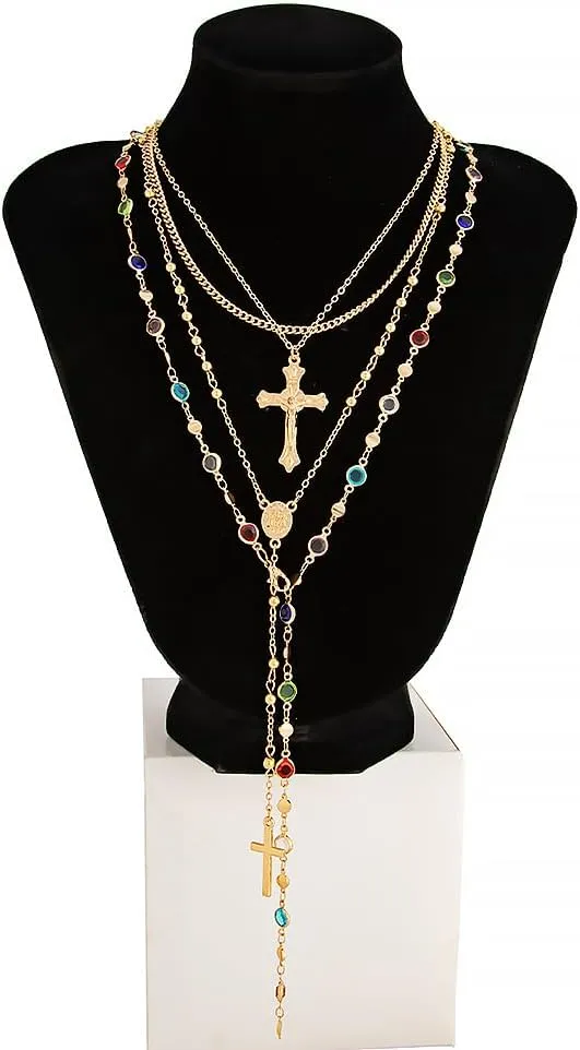 Layered Cross Lariat Necklace, 18K Gold Plated Long Pendant Chain for Women Dainty Stackable Jewelry Gift for Everyday Wear