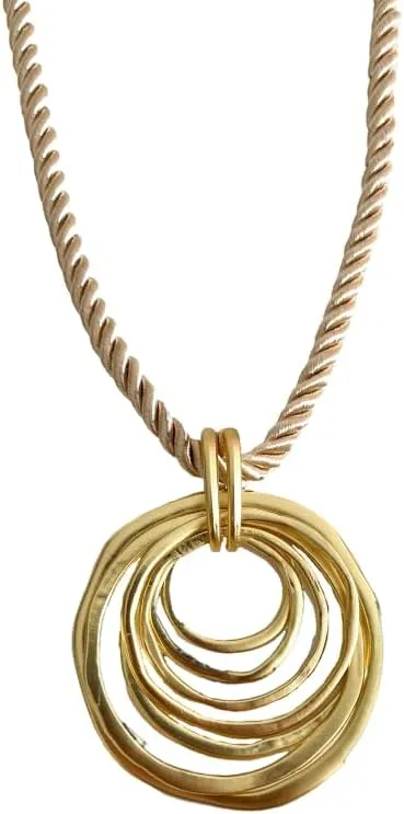 Layered Gold Circle Pendant Necklace with Rope Cord, Crystal Cross Charm, Scandinavian Jewelry