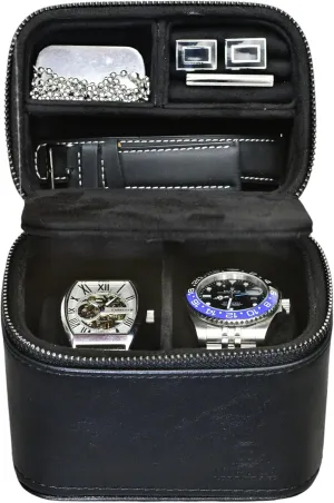 Leather Travel Watch Jewelry Case for Men  Watch Band, Cufflinks Storage Box for Travel - Obsidian Black Swiss-Motif Genuine Leather
