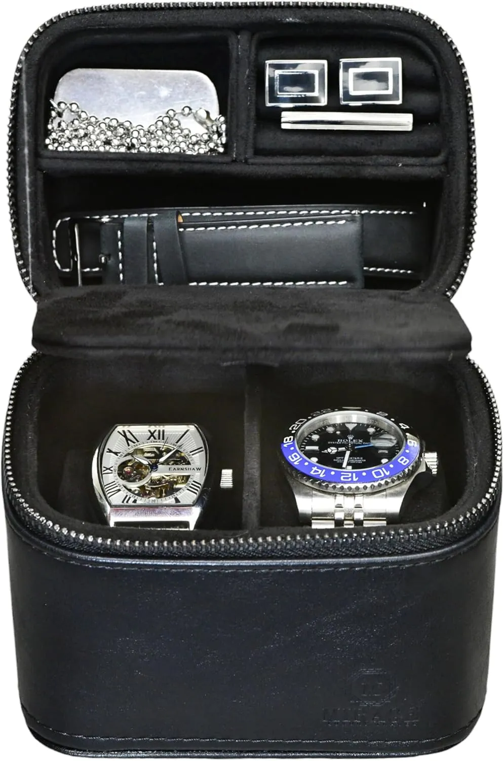 Leather Travel Watch Jewelry Case for Men  Watch Band, Cufflinks Storage Box for Travel - Obsidian Black Swiss-Motif Genuine Leather