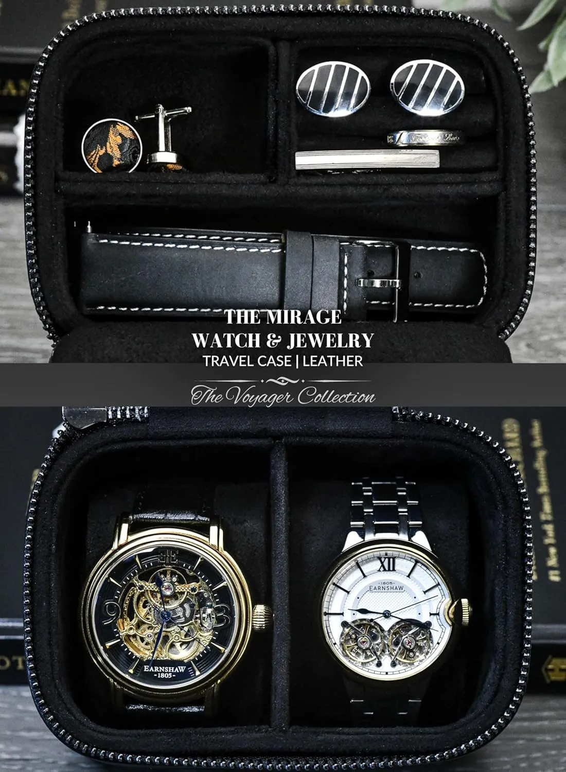 Leather Travel Watch Jewelry Case for Men  Watch Band, Cufflinks Storage Box for Travel - Obsidian Black Swiss-Motif Genuine Leather