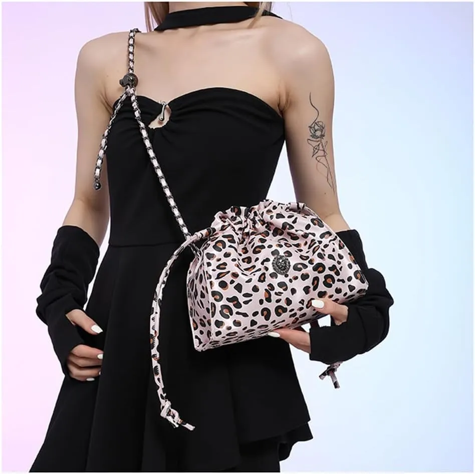 Leopard Print Shoulder Drawstring Bucket Bag Small Leather Cheetah Hobo Crossbody Bucket Handbag and Purse Daily Use
