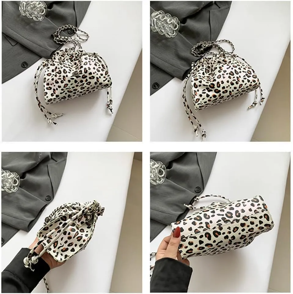 Leopard Print Shoulder Drawstring Bucket Bag Small Leather Cheetah Hobo Crossbody Bucket Handbag and Purse Daily Use