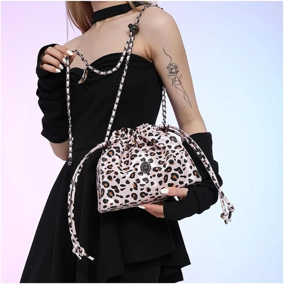 Leopard Print Shoulder Drawstring Bucket Bag Small Leather Cheetah Hobo Crossbody Bucket Handbag and Purse Daily Use