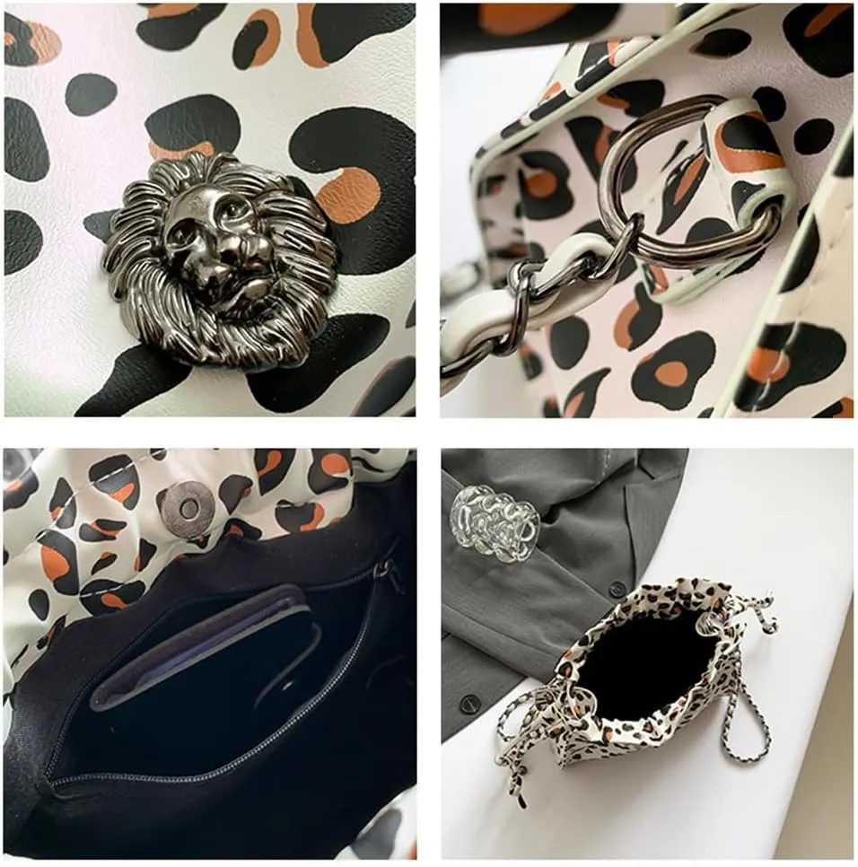Leopard Print Shoulder Drawstring Bucket Bag Small Leather Cheetah Hobo Crossbody Bucket Handbag and Purse Daily Use