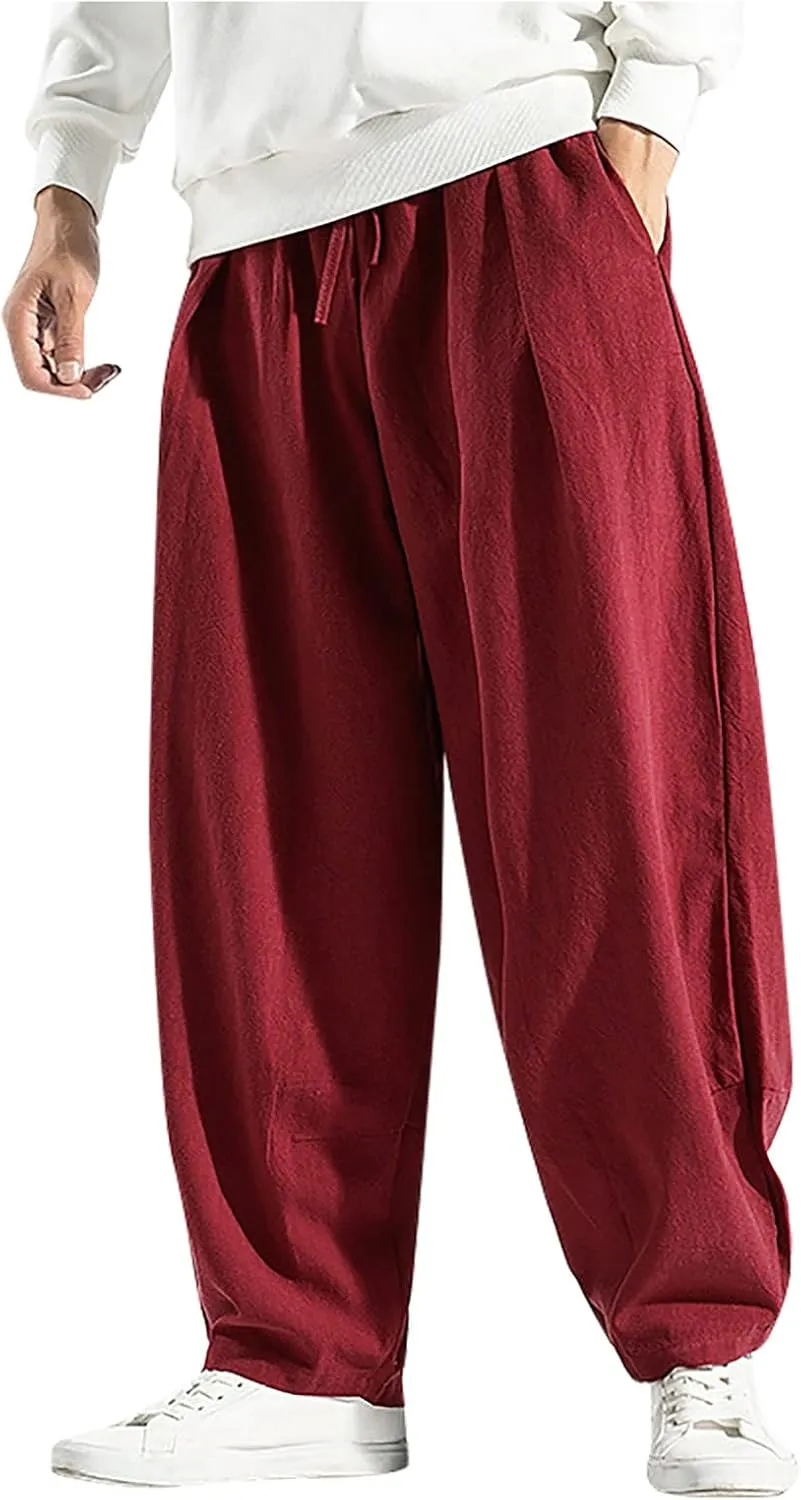 Linen Pants for Men Casual Drawstring Lightweight Loose Beach Yoga Trousers