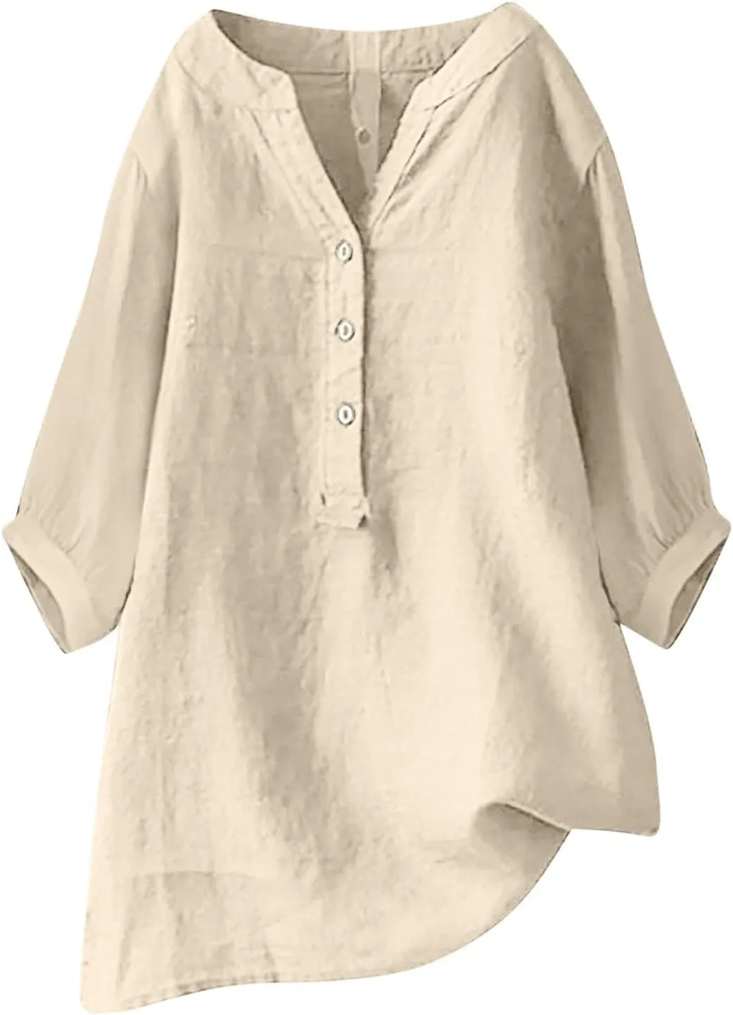 Linen Shirts for Women 3/4 Sleeve V Neck Blouses Buttons Plus Size Loose Fit T-Shirts Solid Color Summer Holiday Tops