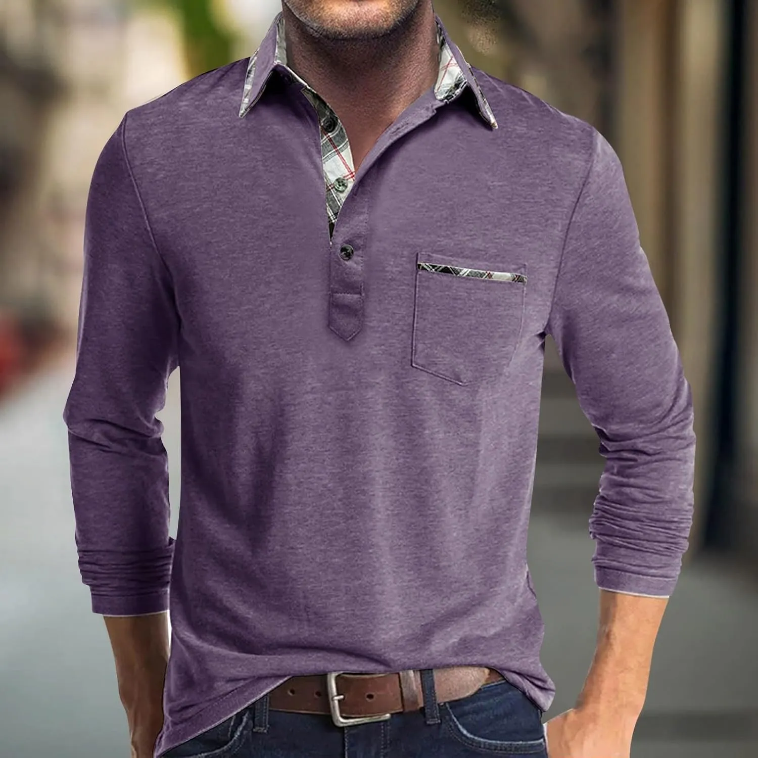 Long Sleeve Polo Shirts for Men Classic Button Down V Neck Collar Tees Solid Casual Stylish Tops with Pocket