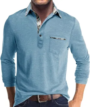 Long Sleeve Polo Shirts for Men Classic Button Down V Neck Collar Tees Solid Casual Stylish Tops with Pocket