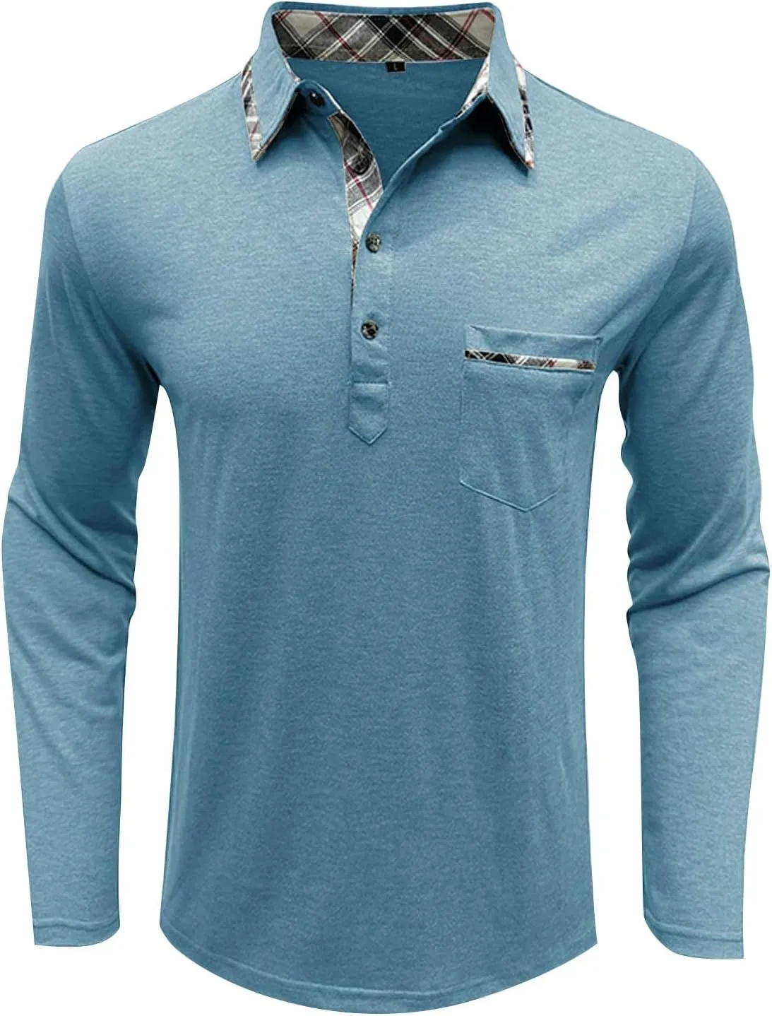 Long Sleeve Polo Shirts for Men Classic Button Down V Neck Collar Tees Solid Casual Stylish Tops with Pocket