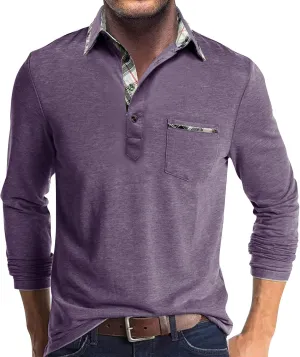 Long Sleeve Polo Shirts for Men Classic Button Down V Neck Collar Tees Solid Casual Stylish Tops with Pocket