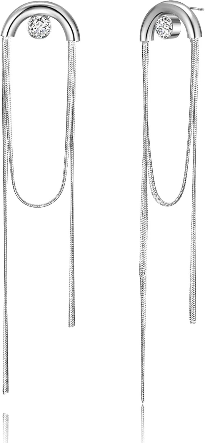 Long Tassel Dangle Drop Earrings, Silver/Gold Cz Chain Earrings for Women Fringe Geometric Bar Drop Formal Earrings Prom Party Lightweight Jewelry Gifts