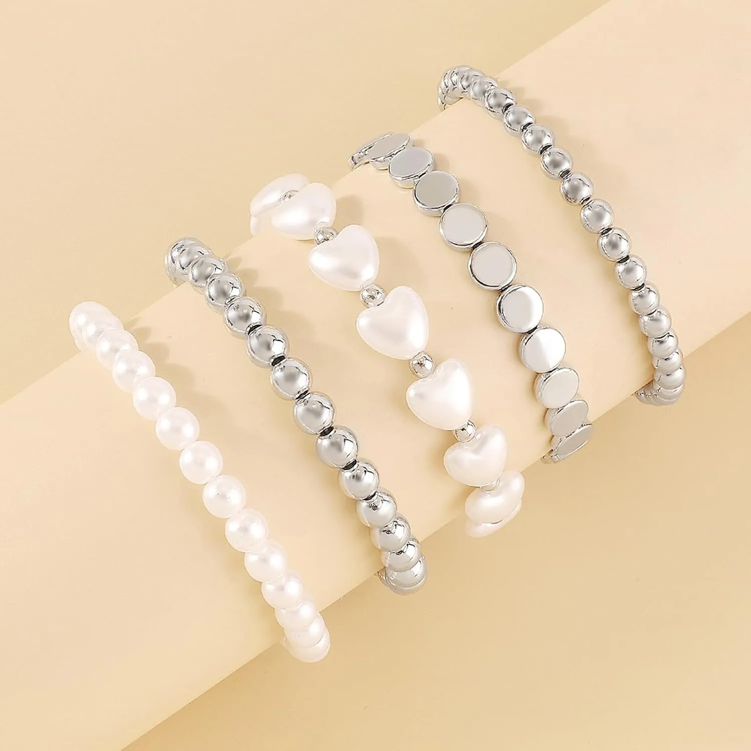 Long tiantian Gold Beaded Bracelets for Women Men Silver Beaded Bracelet Stack Bead Bracelet Stackable Pearl Bracelets for Women Trendy Birthday Christmas Jewelry Gift