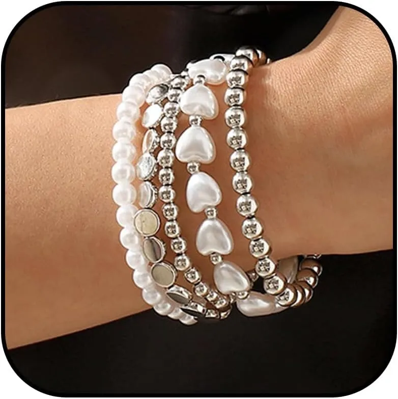 Long tiantian Gold Beaded Bracelets for Women Men Silver Beaded Bracelet Stack Bead Bracelet Stackable Pearl Bracelets for Women Trendy Birthday Christmas Jewelry Gift