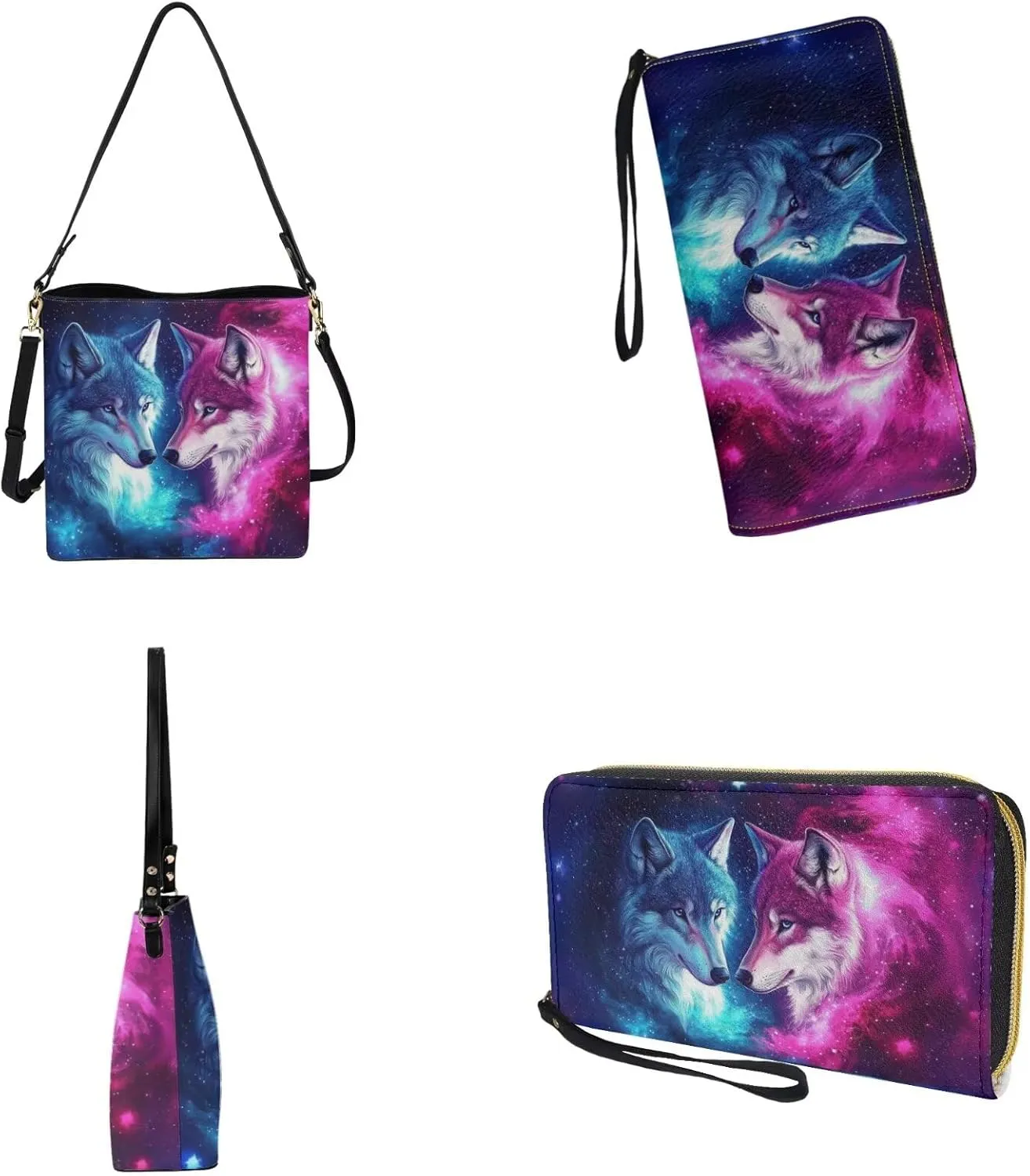 Lotusorchid Bucket Purse and Wallet Set, Leather Crossbody Shoulder Handbag Hobo Bag with Adjustable Strap for Women