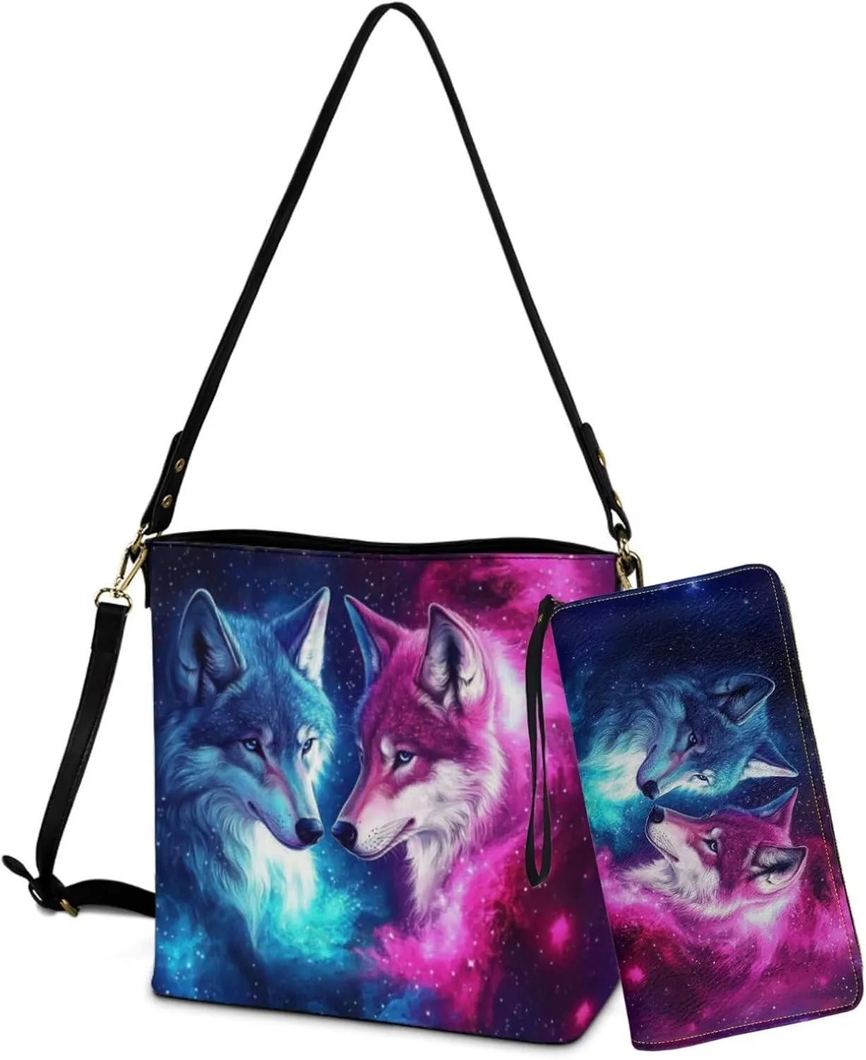 Lotusorchid Bucket Purse and Wallet Set, Leather Crossbody Shoulder Handbag Hobo Bag with Adjustable Strap for Women