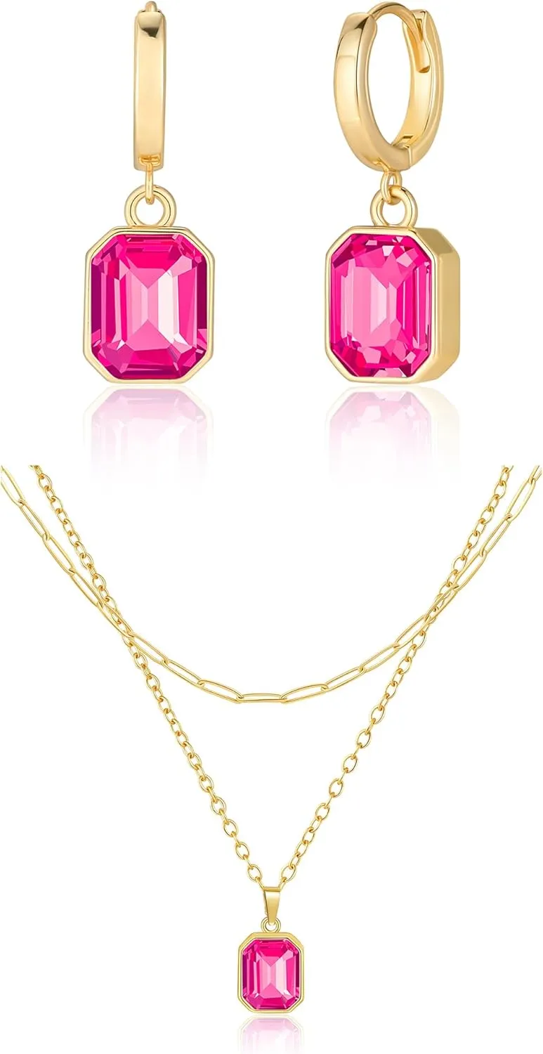 Lourny Gold Earrings and Layered Crystal Necklace Set for Women, 18K Gold Plated Choker Hot Pink Dainty Chain Trendy Jewelry for Women Gifts