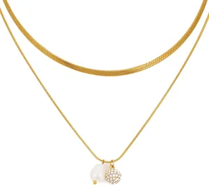 Lucky Brand Real Gold Plated 2 Layer Pendent Imitation Pearl & Fireball Necklace