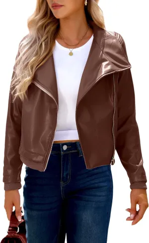 luvamia Faux Leather Jackets for Women Zip Up Lapel Collar Motorcyle Biker Short Jacket PU Leather Blazer Long Sleeves