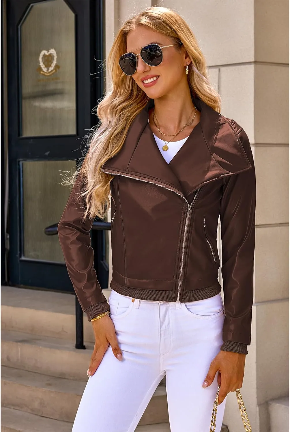 luvamia Faux Leather Jackets for Women Zip Up Lapel Collar Motorcyle Biker Short Jacket PU Leather Blazer Long Sleeves