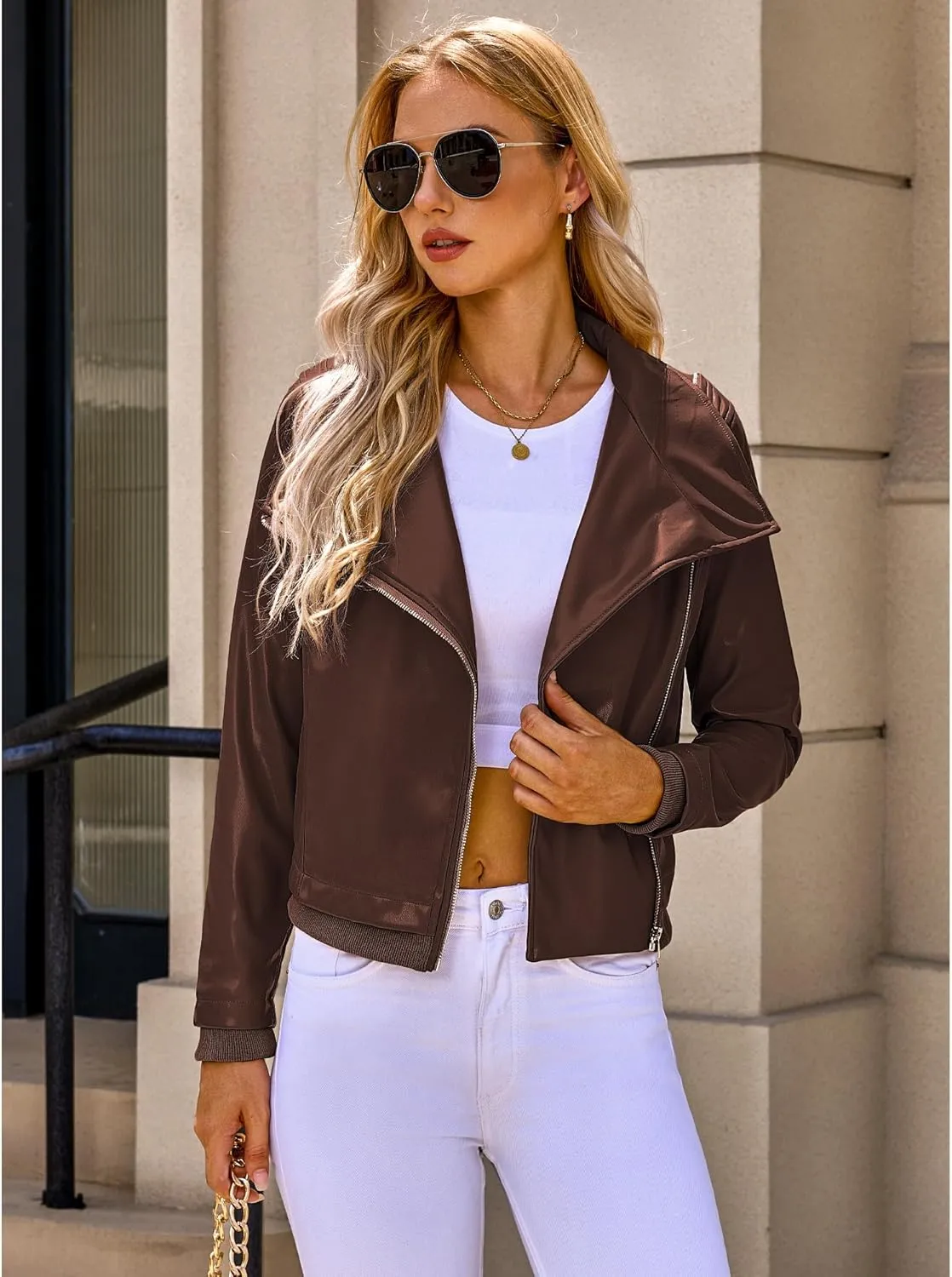 luvamia Faux Leather Jackets for Women Zip Up Lapel Collar Motorcyle Biker Short Jacket PU Leather Blazer Long Sleeves