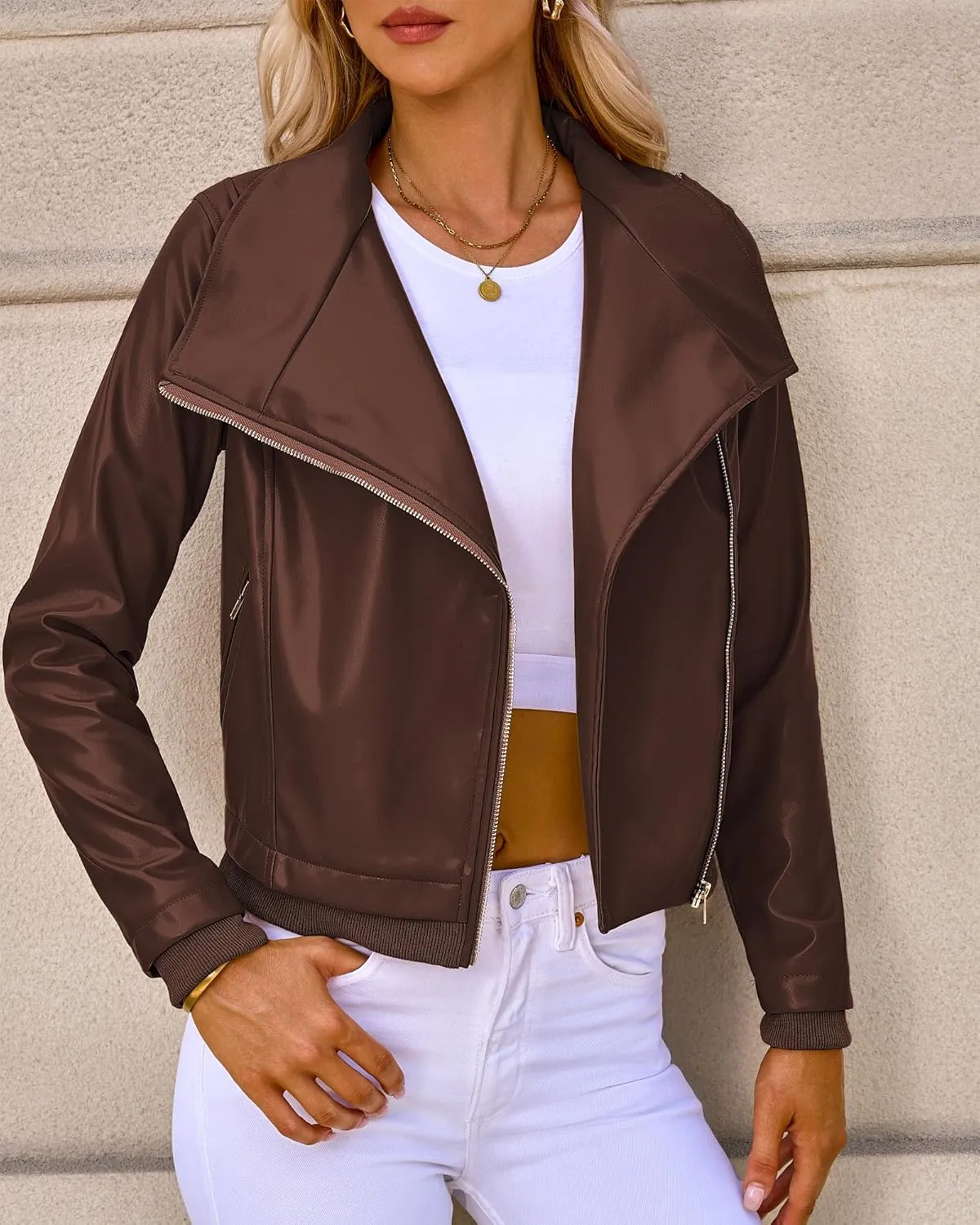luvamia Faux Leather Jackets for Women Zip Up Lapel Collar Motorcyle Biker Short Jacket PU Leather Blazer Long Sleeves