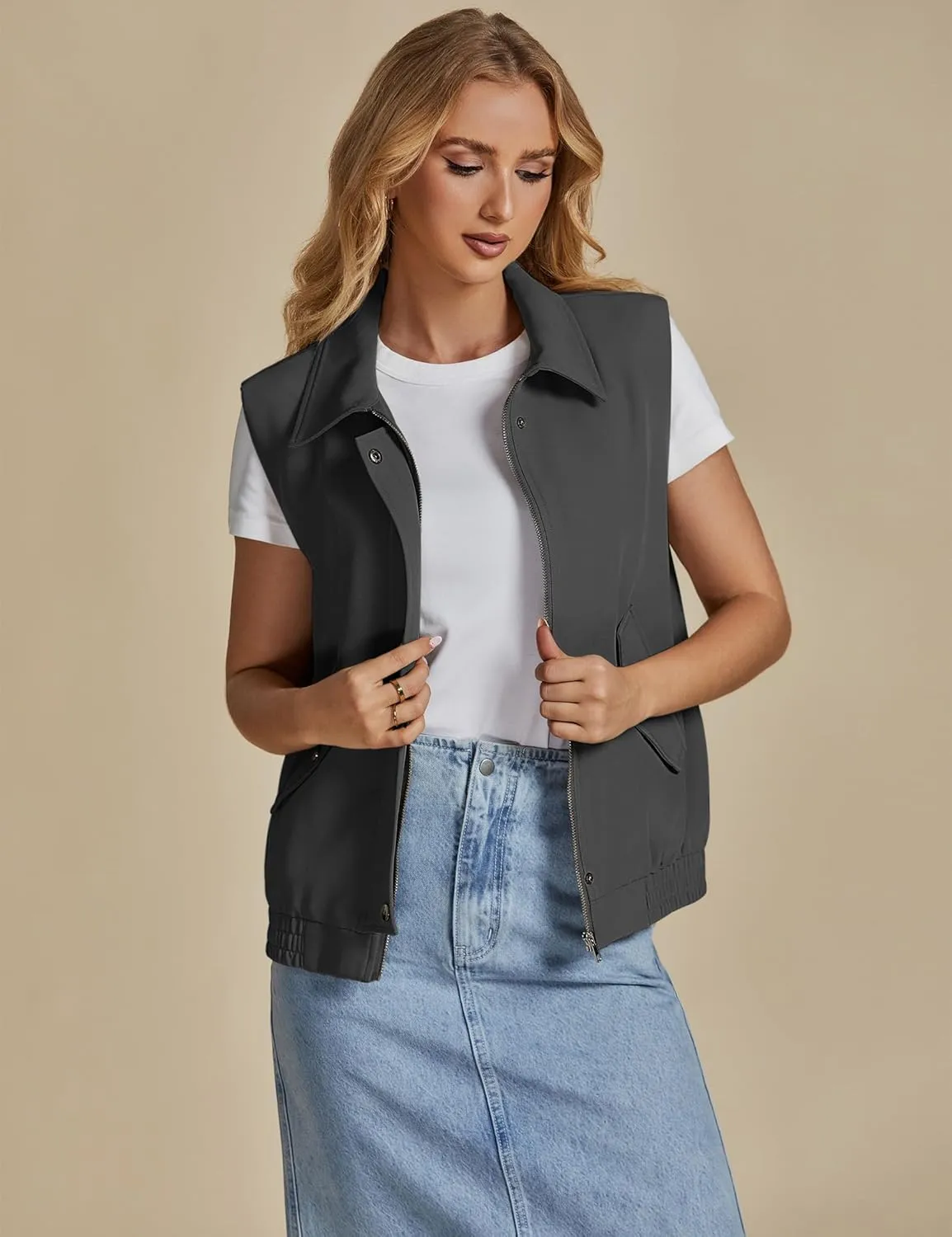 luvamia Vest for Women Trendy Zip Up Casual Fashion Elastic Hem Fall Sleeveless Jacket Outerwear Vests Tops with Pockets