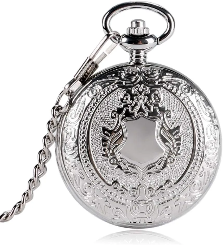 Luxury Fashion Silver Shield Design Pocket Watch Men Women Clock Mechanical Hand-Winding Gift Chain