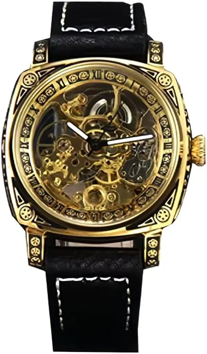 Luxury Mechanical Skeleton Watch, Gold-Tone Case, Black Leather Band