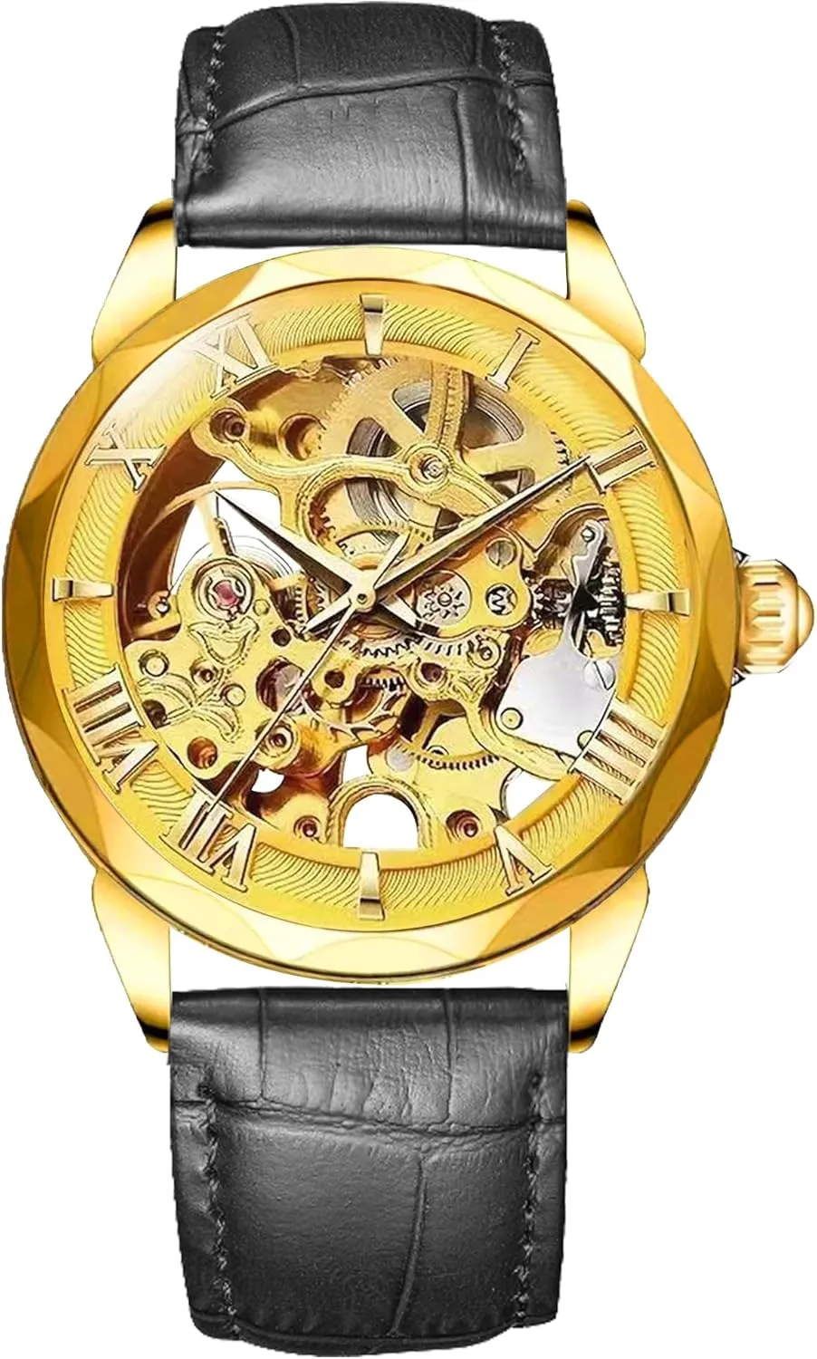 Luxury Mechanical Skeleton Watch, Gold-Tone Case with Black Leather Band, Roman Numeral Display