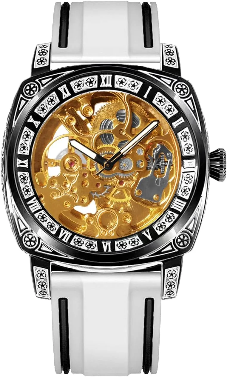 Luxury Mechanical Watch, Skeleton Dial, White Silicone Band, Roman Numeral Markers