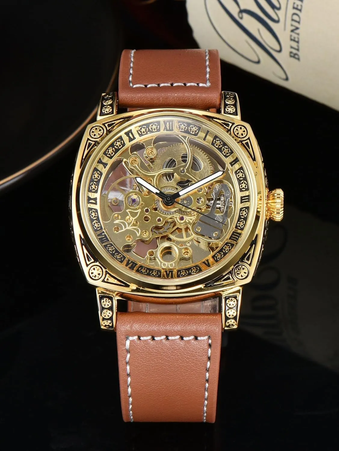 Luxury Skeleton Mechanical Watch, Gold-Tone Steel Case, Light Brown Leather Band, 42mm Automatic Movement