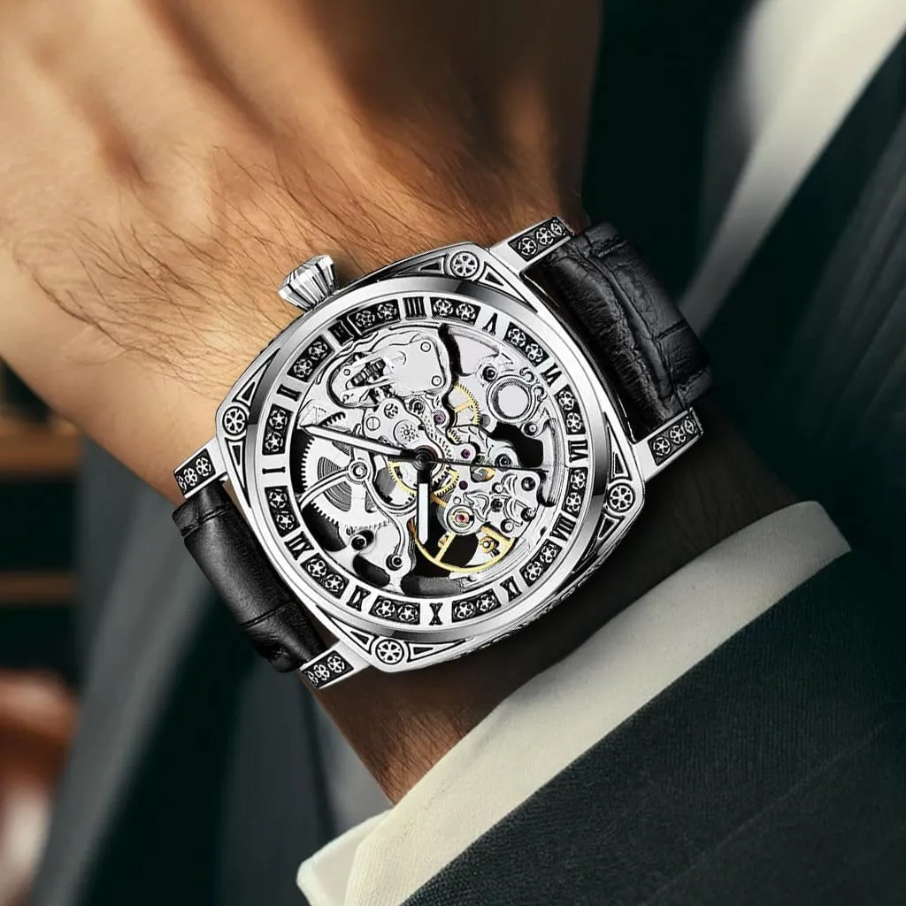 Luxury Skeleton Mechanical Watch, Silver Case with Black Leather Band, Roman Numeral Display