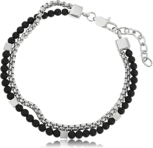 Made by Nami Stainless Steel Double Layered Mens Silver Bracelet Adjustable Beaded & Chain Bracelet for Men Set 7.5"   2" Chain Extension