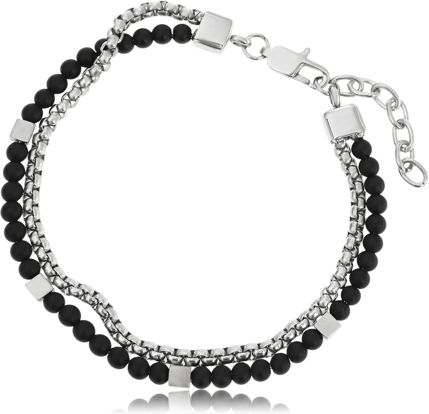 Made by Nami Stainless Steel Double Layered Mens Silver Bracelet Adjustable Beaded & Chain Bracelet for Men Set 7.5"   2" Chain Extension