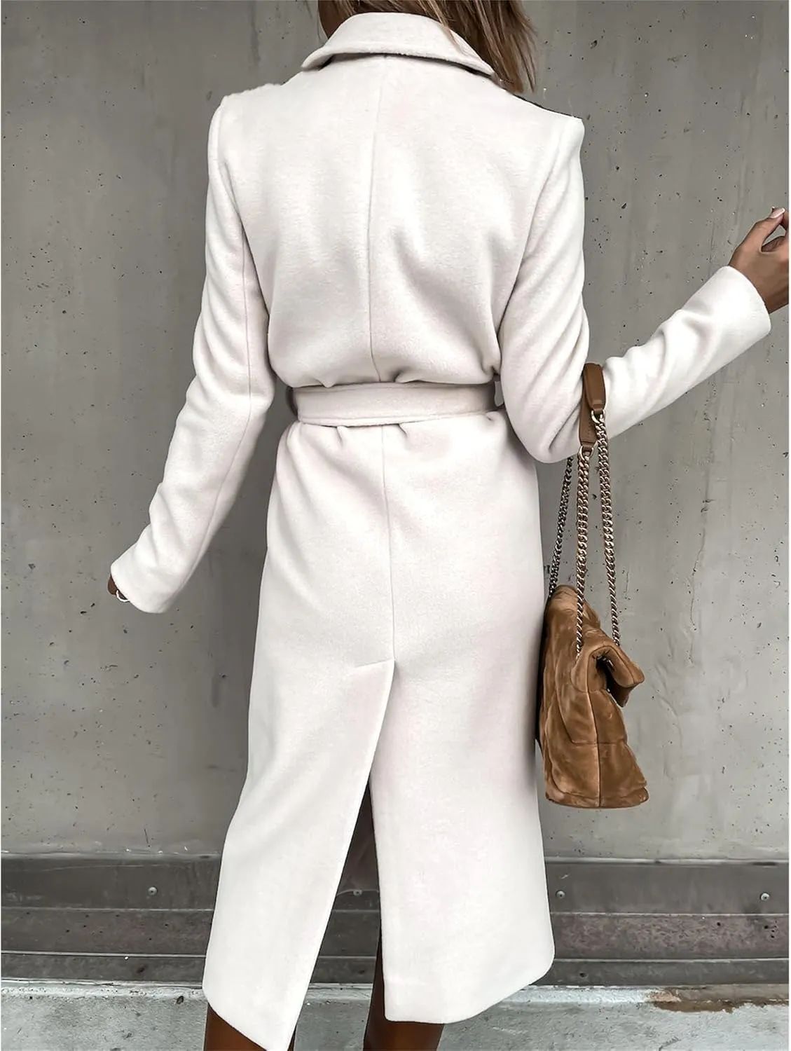 Maiyifu-GJ Women's Notched Lapel Coat Jacket Slim Mid-Long Wool Blend Outerwear Casual Fall Winter Trench Coats with Belt