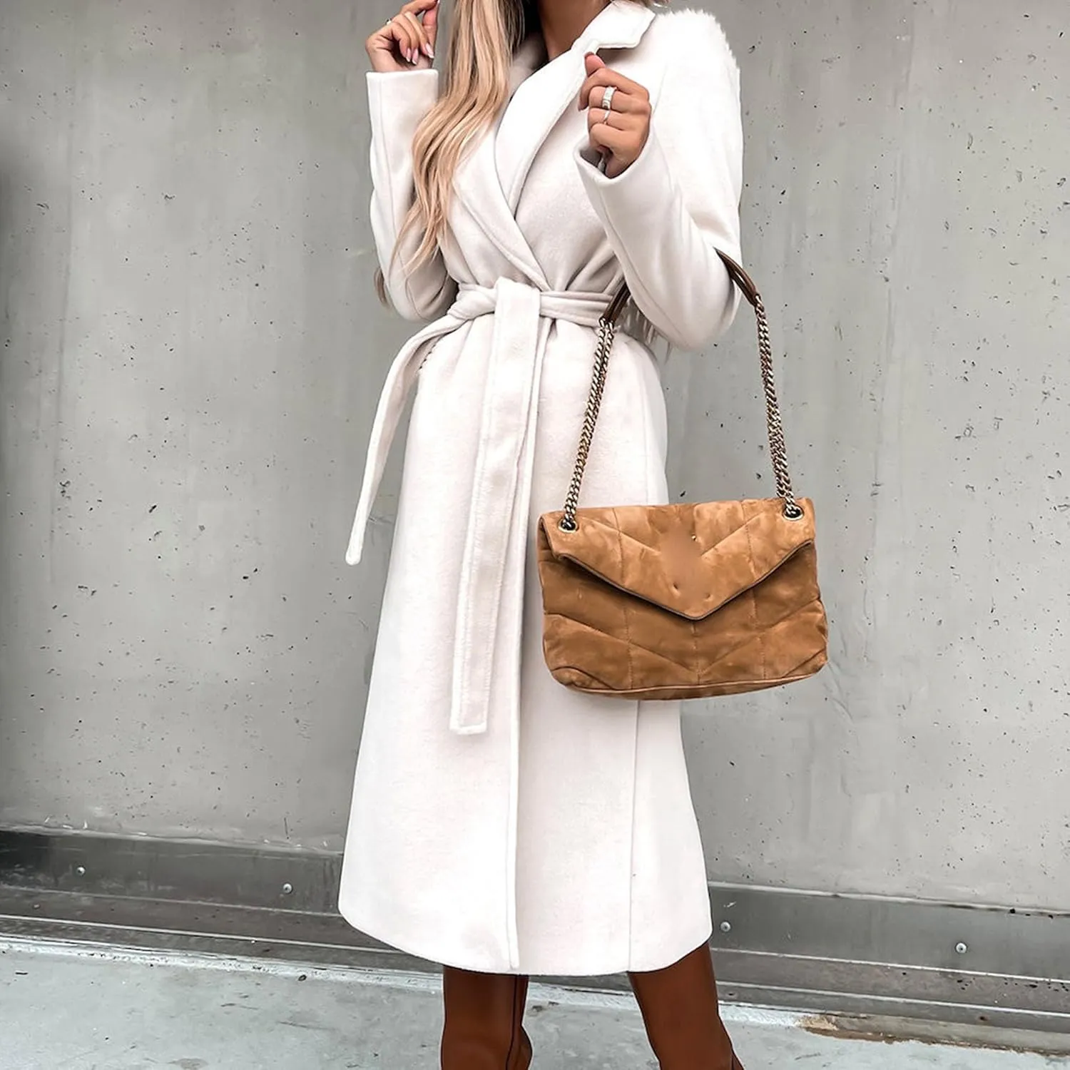 Maiyifu-GJ Women's Notched Lapel Coat Jacket Slim Mid-Long Wool Blend Outerwear Casual Fall Winter Trench Coats with Belt