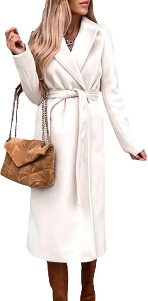 Maiyifu-GJ Women's Notched Lapel Coat Jacket Slim Mid-Long Wool Blend Outerwear Casual Fall Winter Trench Coats with Belt