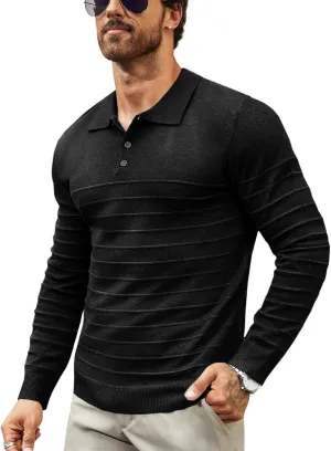 Makkrom Mens Polo Shirts Long Sleeve Striped Pullover Casual Slim Fit Solid Knit Sweater Classic Golf Shirt