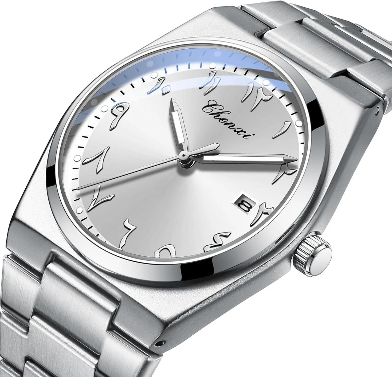 MASTOP Arabic Dial Men's Quartz Watch Silver Stainless Steel Luminous Waterproof Business Casual Wristwatch with Date Display