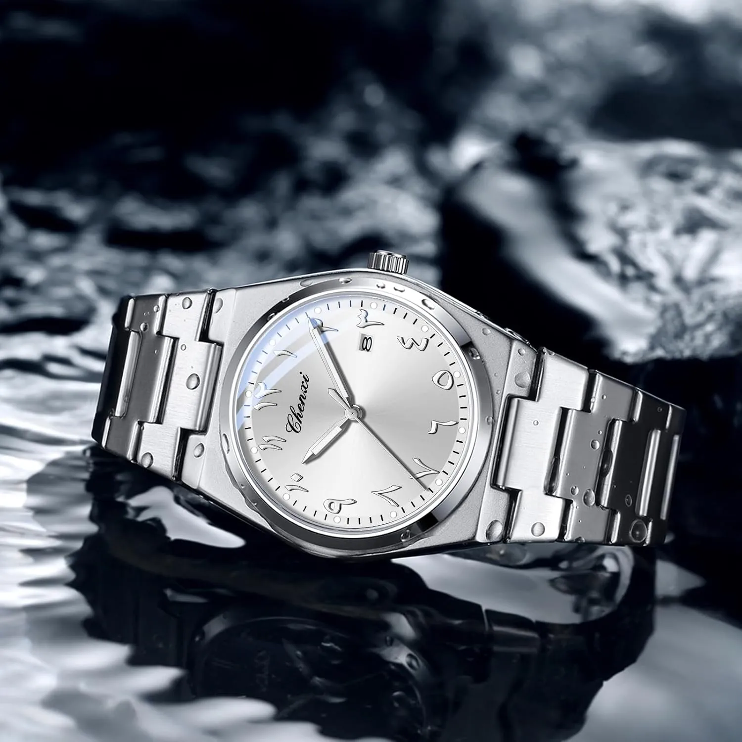 MASTOP Arabic Dial Men's Quartz Watch Silver Stainless Steel Luminous Waterproof Business Casual Wristwatch with Date Display
