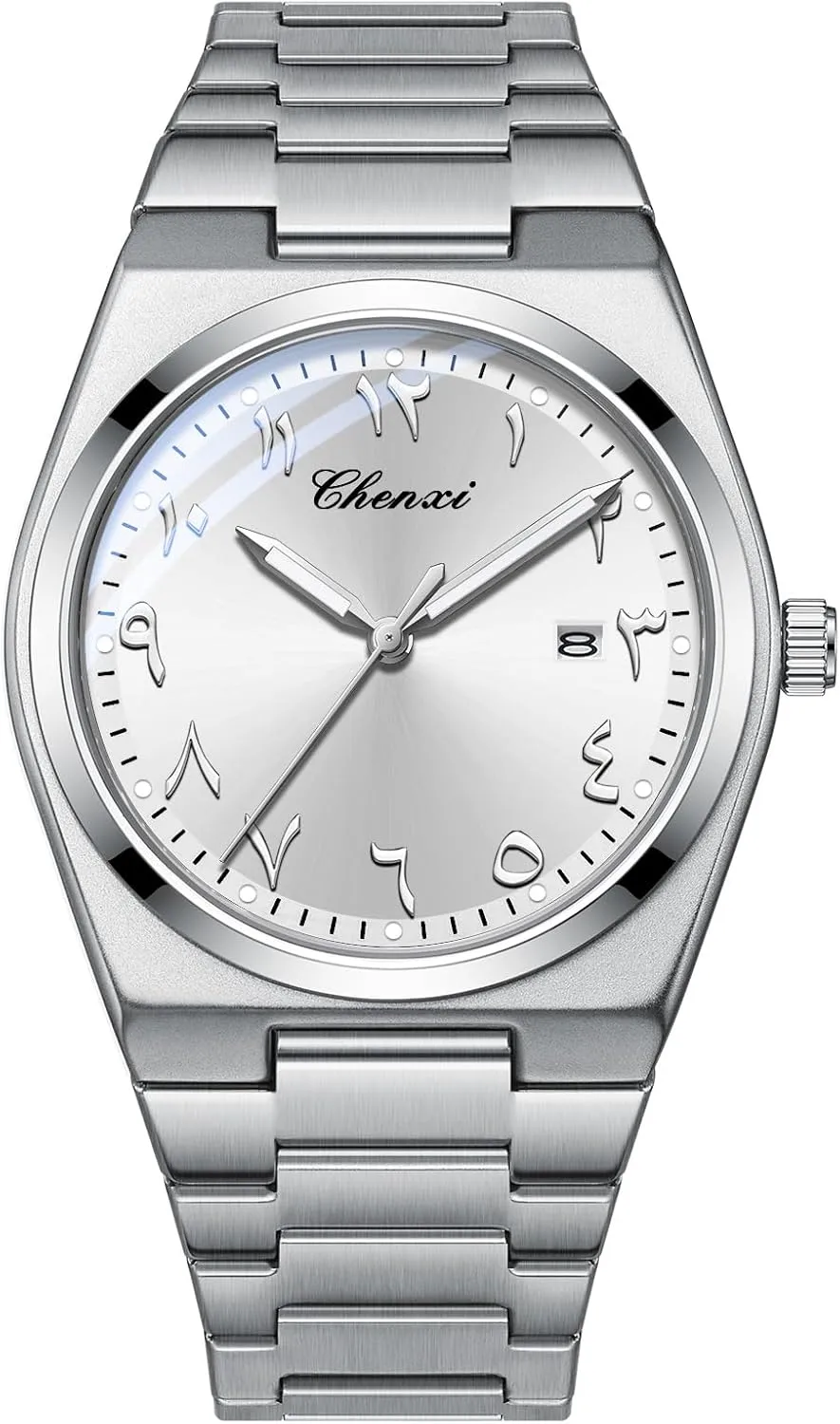 MASTOP Arabic Dial Men's Quartz Watch Silver Stainless Steel Luminous Waterproof Business Casual Wristwatch with Date Display