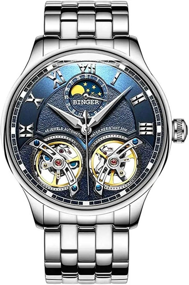 MASTOP Luxury Mens Watches Skeleton Automatic Mechanical Wrist Watch Stainless Steel Band with Double Tourbillon